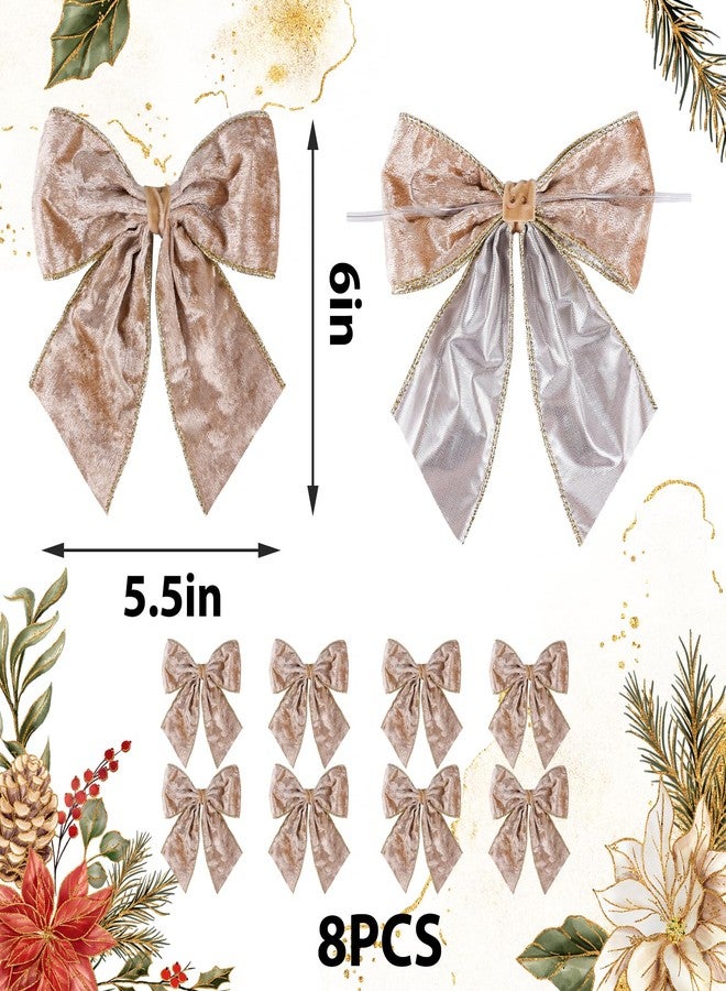 Ftuuo 8pcs Christmas Wreath Bows, Champagne Velvet Bow for Wreath Golden Edged Xmas Crafts Decorative Ornament Bow for Indoor Outdoor Christmas Wedding Holiday Party Decorations,5.5 * 6" - Image 2